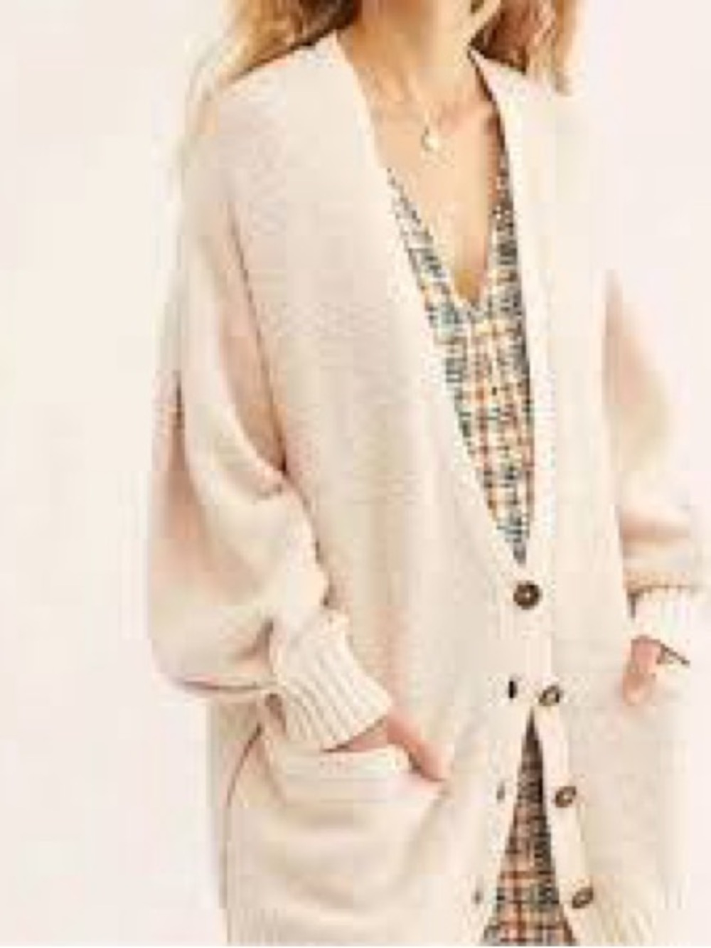 Free People Soft Ivory Button-Front Oversized Cardigan